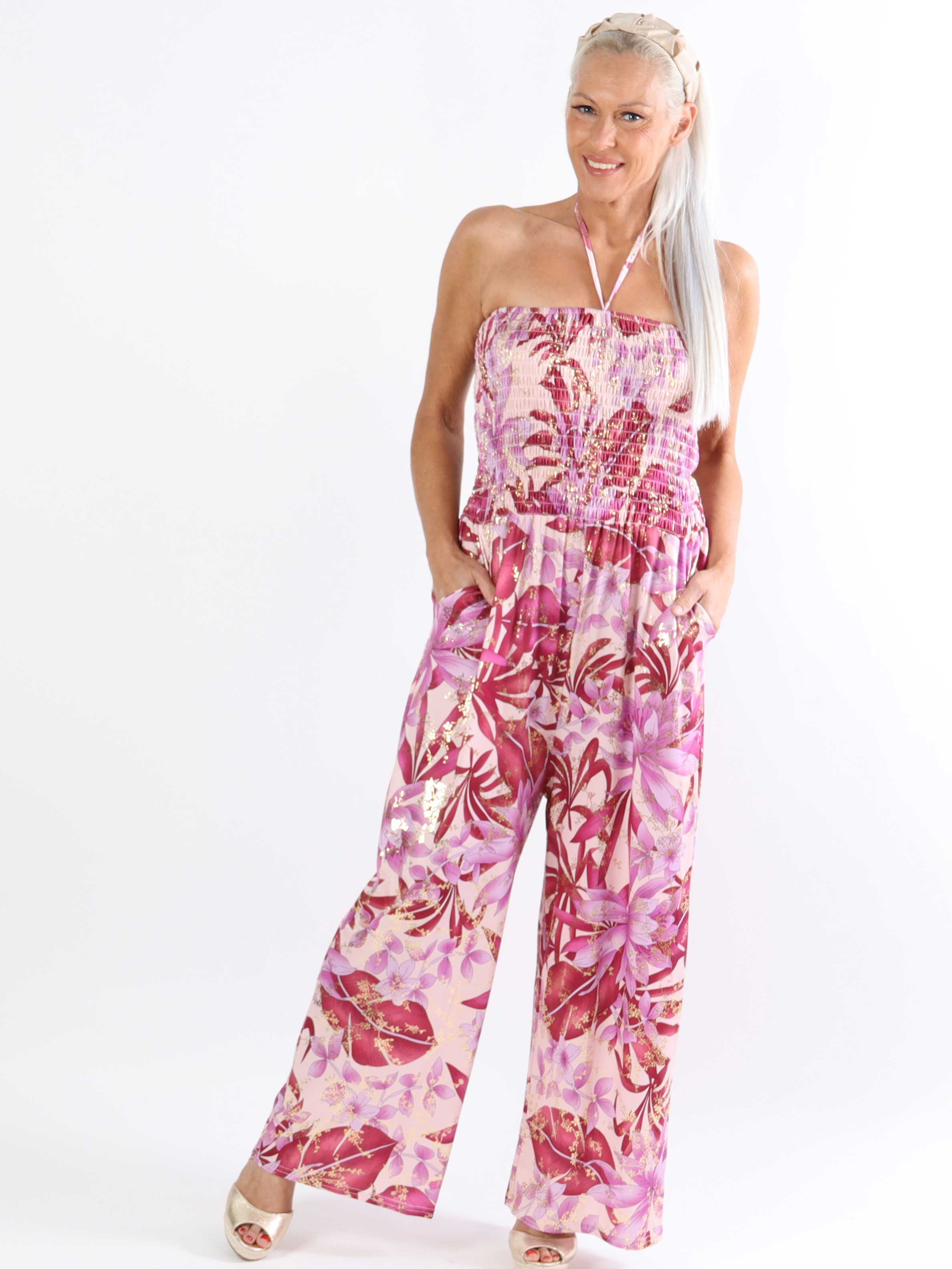 Pams Tube Jumpsuit - Elastisk plus size buksedragt med smock ved brystet